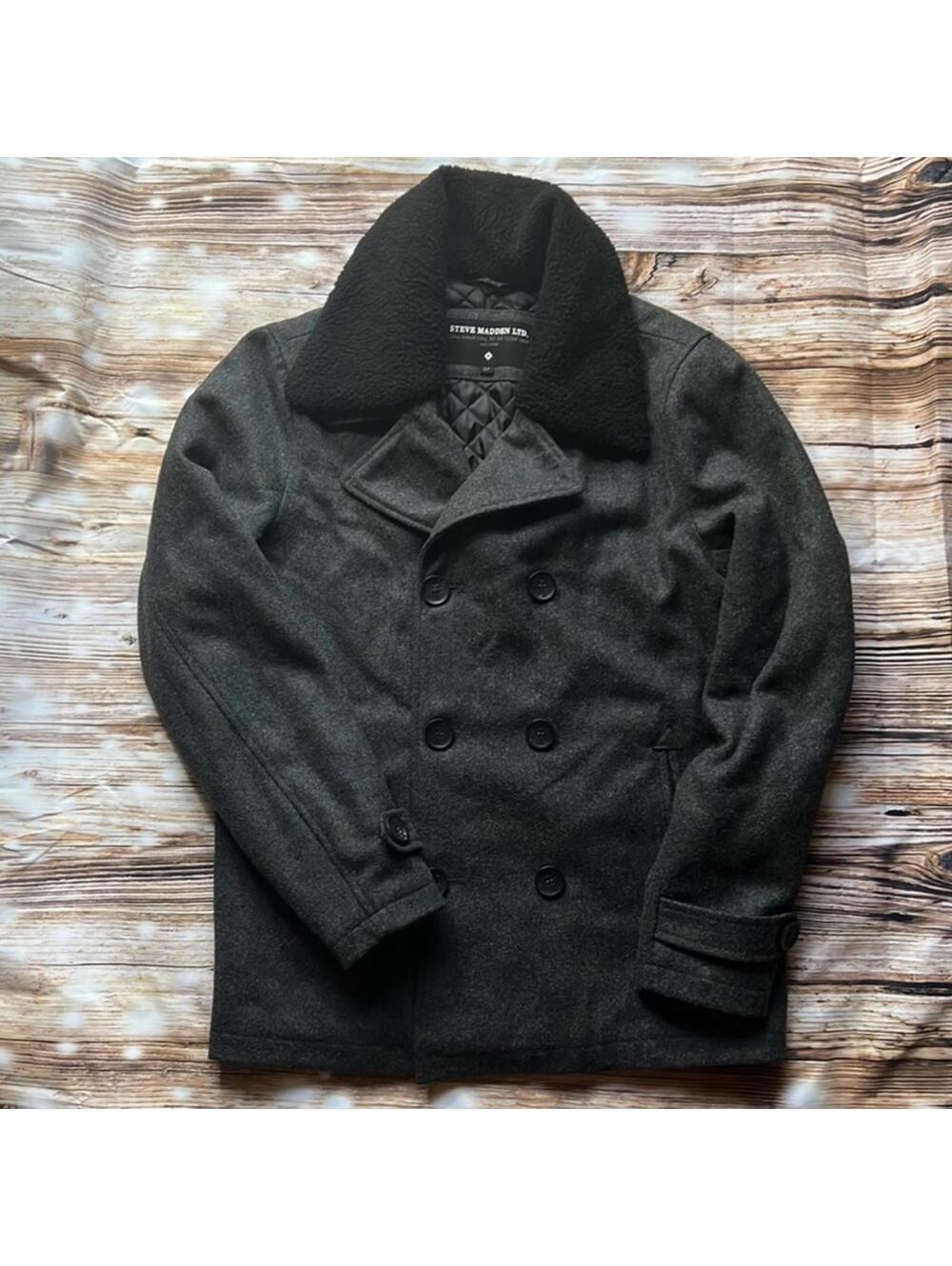🖤 Steve Madden Men’s Wool Peacoat with Faux Sherpa Collar